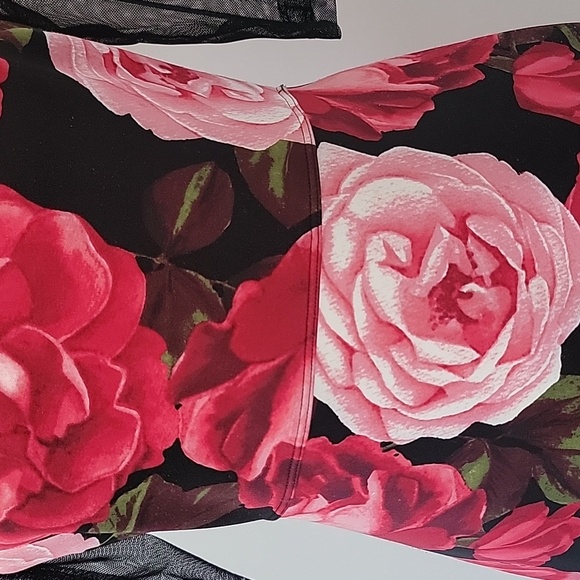 Enfocus Studio Red Black Floral Sheath Dress With Sheer Sleeve Bodycon Size 4 - Picture 4 of 12